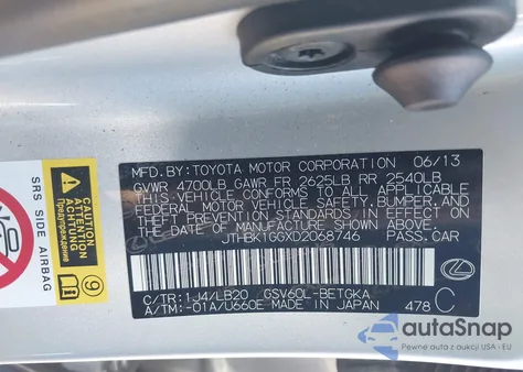 2013 Lexus Es 350 z USA, uszkodzony, nr VIN JTHBK1GGXD2068746